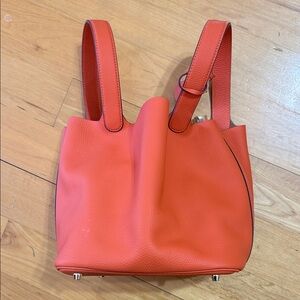 Orange Soft Leather Bucket Tote Bag with Drawstring Pouch